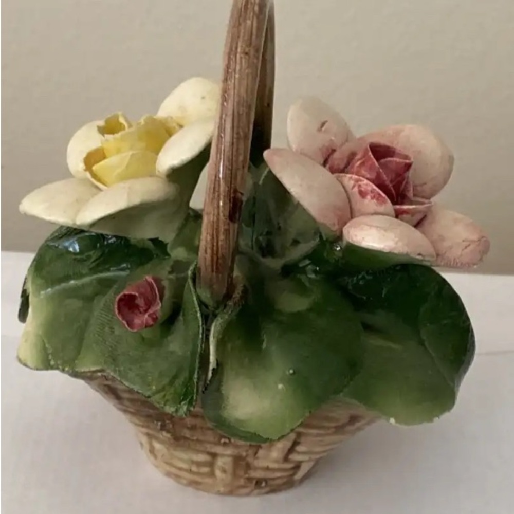 Ceramic Flower Basket Accent with Green Leaves and Pink & Yellow Blooms